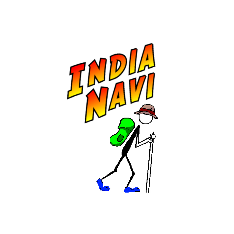 Der Splash Screen von India Navi: Schriftzug und ein Wanderer mit Rucksack und Stock