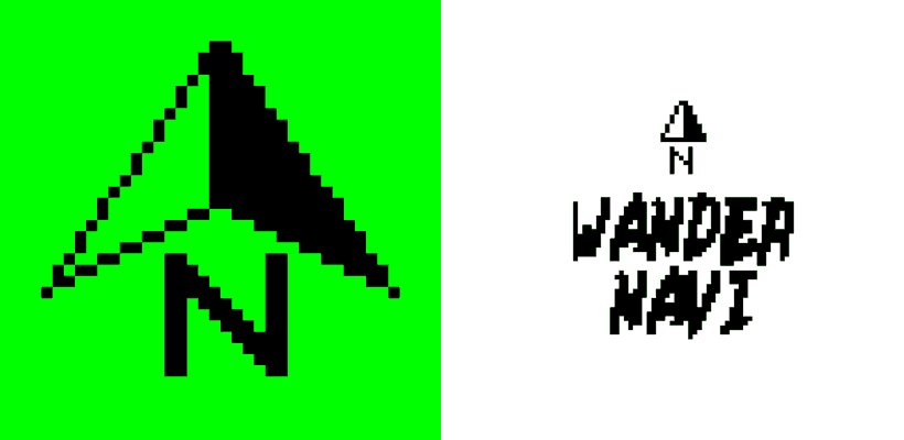 App-Icon von Wander Navi mit Nordpfeil auf grünem Grund und der Splash Screen mit Schriftzug